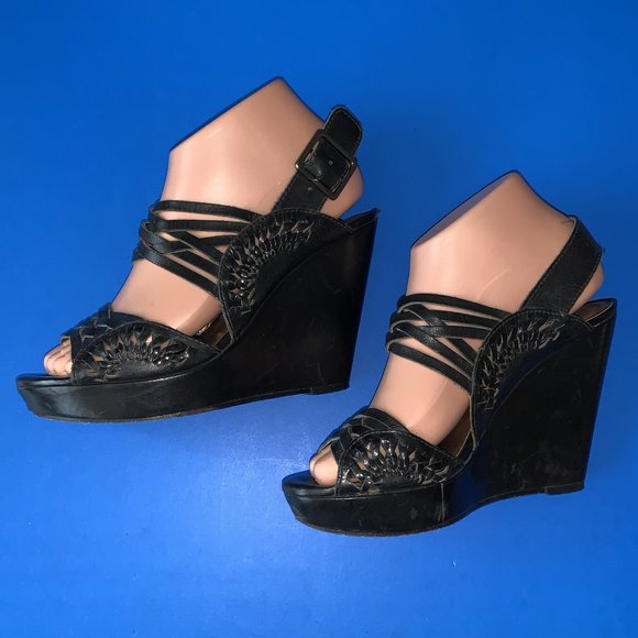 CYNTHIA VINCENT Black Braided Wedge Platform Slingback Shoes Size 6 - Picture 2 of 6